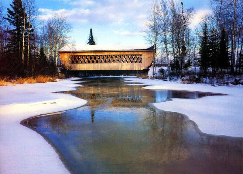 Covered Bridge in Winter — White, Serene, Photograph, River, Snow, Trees