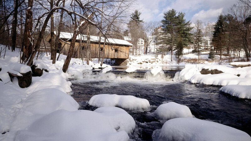 Covered Bridge in Winter — White, Serene, Photograph, River