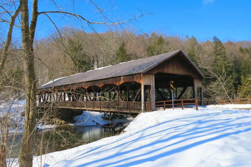 Covered Bridge in Winter — White, Serene, Photograph, Snow