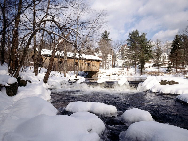 Covered Bridge in Winter — White, Serene, Photograph