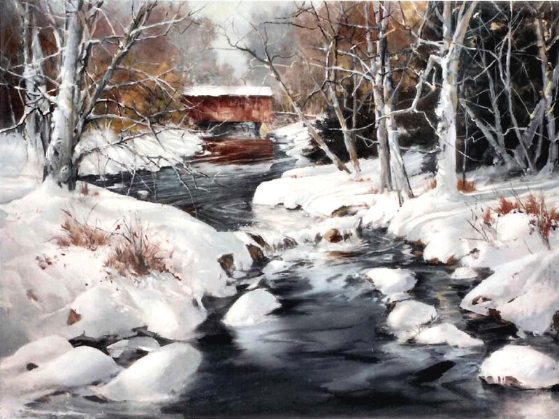 Covered Bridge in Winter — White, Serene