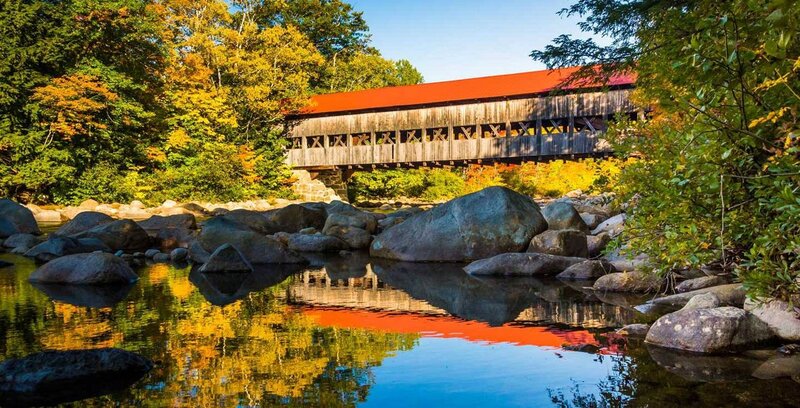 Covered Bridge over River — Blue, Serene