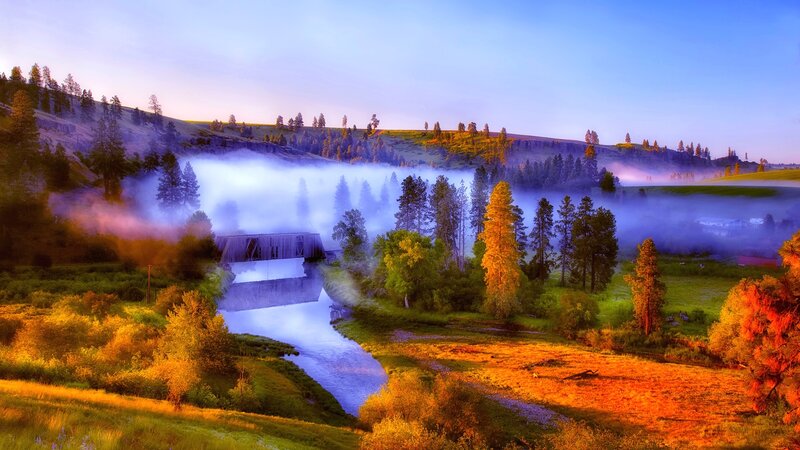 Covered Bridge over River — Blue