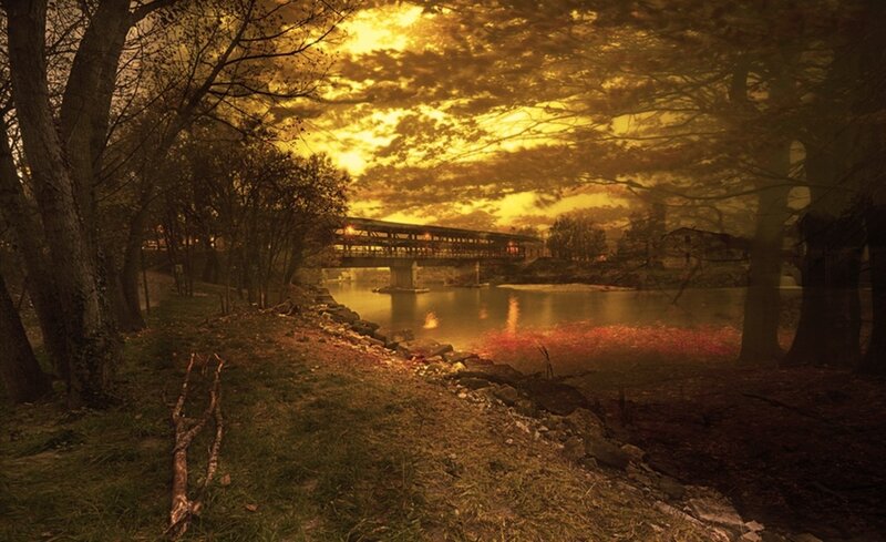 Covered Bridge over River — Gold