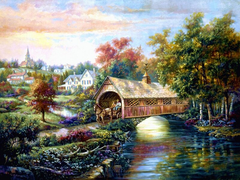 Covered Bridge over River — Green, Serene, Autumn, Painting