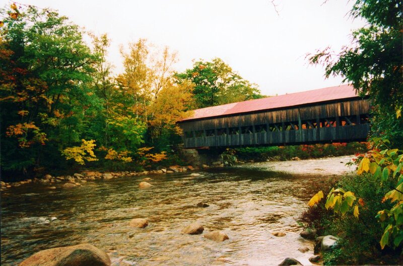 Covered Bridge over River — Green, Serene, Autumn, Photograph