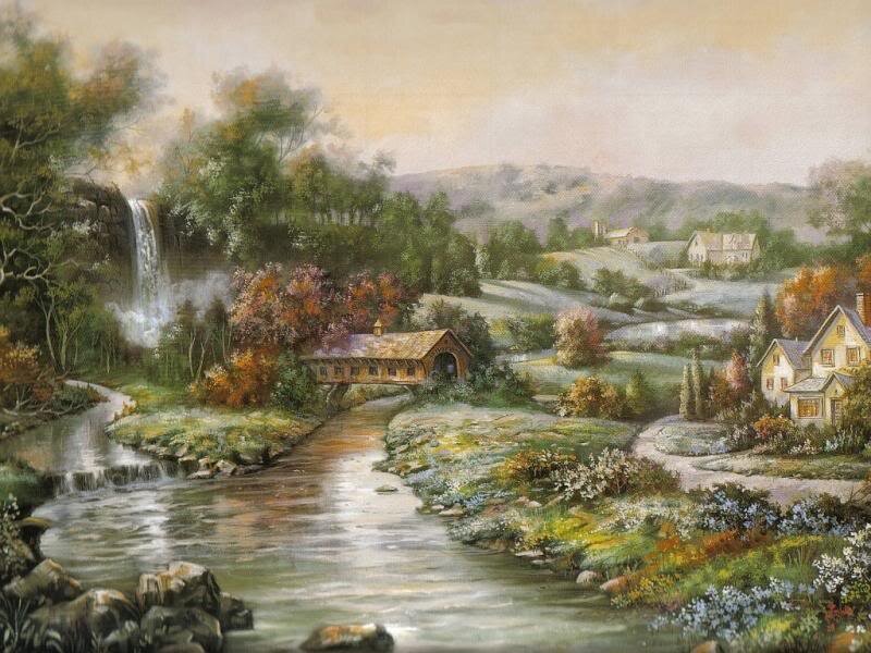 Covered Bridge over River — Green, Serene, Autumn