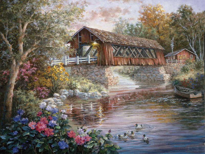 Covered Bridge over River — Green, Serene