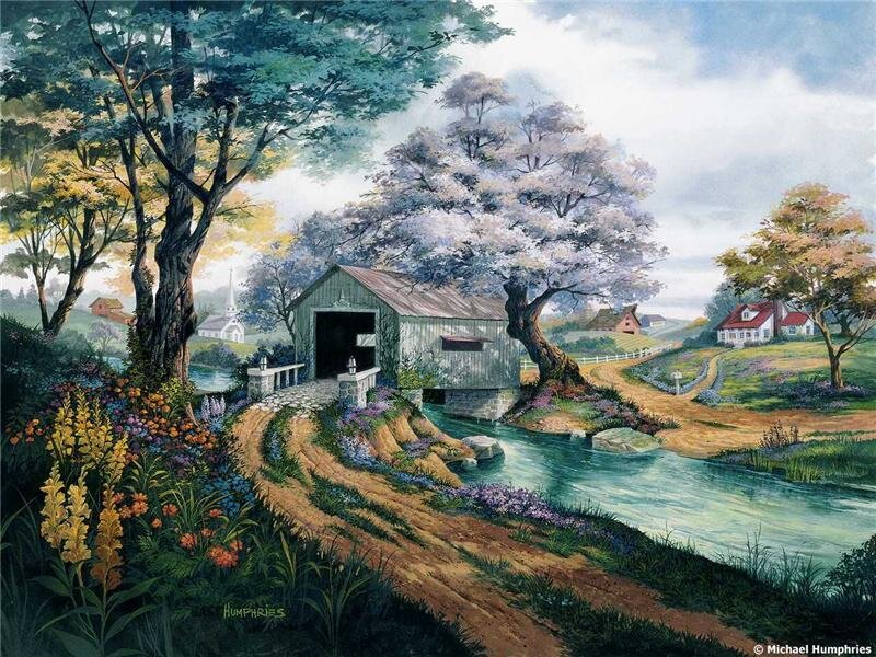 Covered Bridge over River — Green