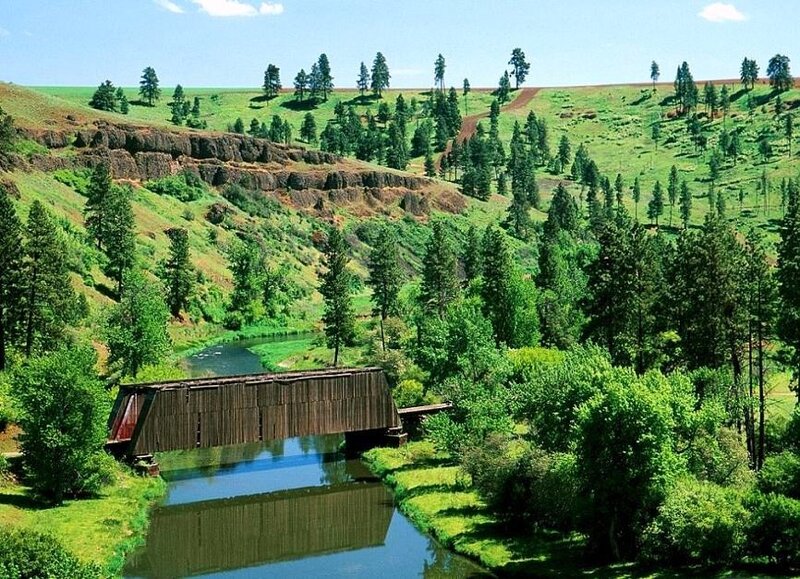Covered bridge over river in valley