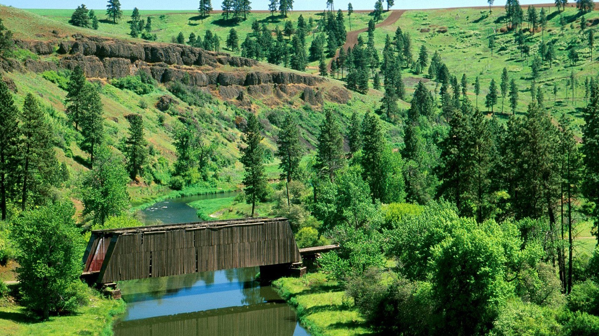 Covered bridge over river in valley