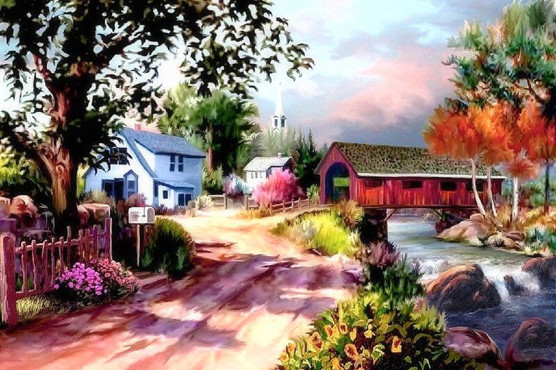 Covered Bridge over River — Red, Serene