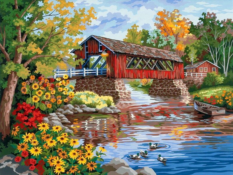 Covered Bridge over River — Red