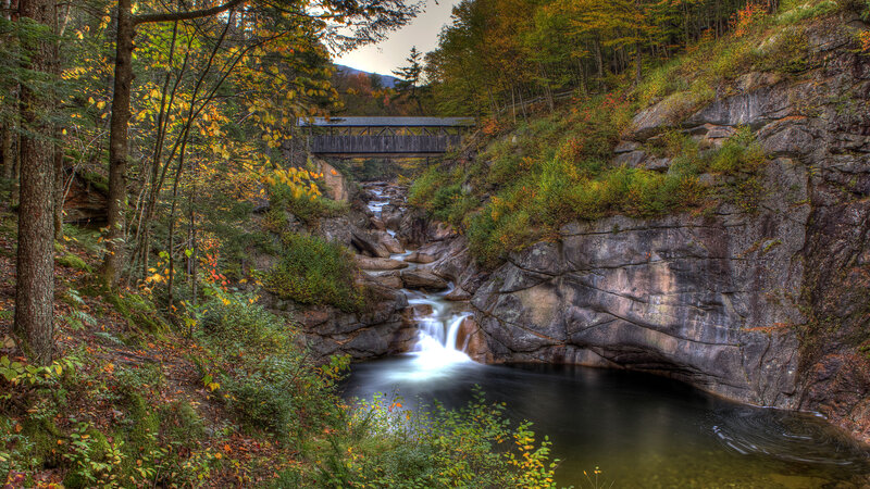 Covered Bridge over Stream — Green, Serene, Autumn