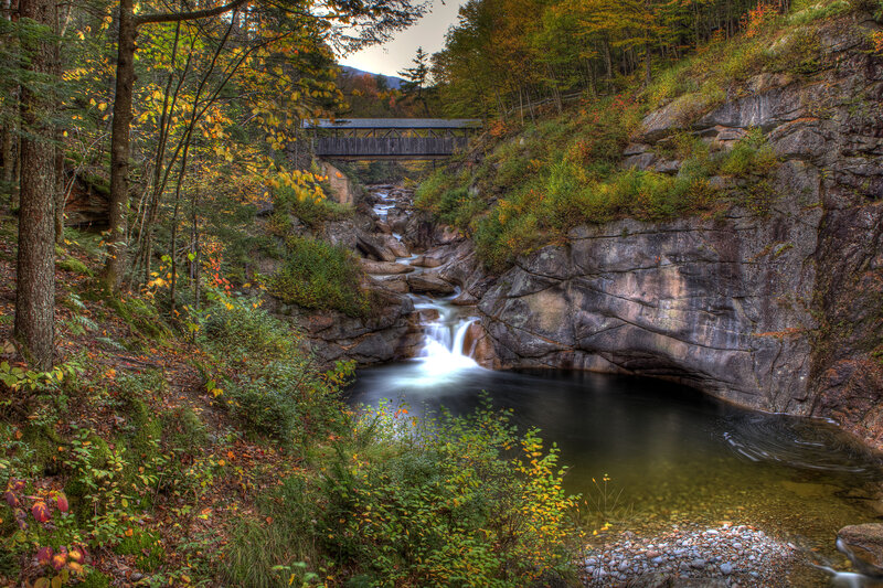 Covered Bridge over Stream — Green, Serene