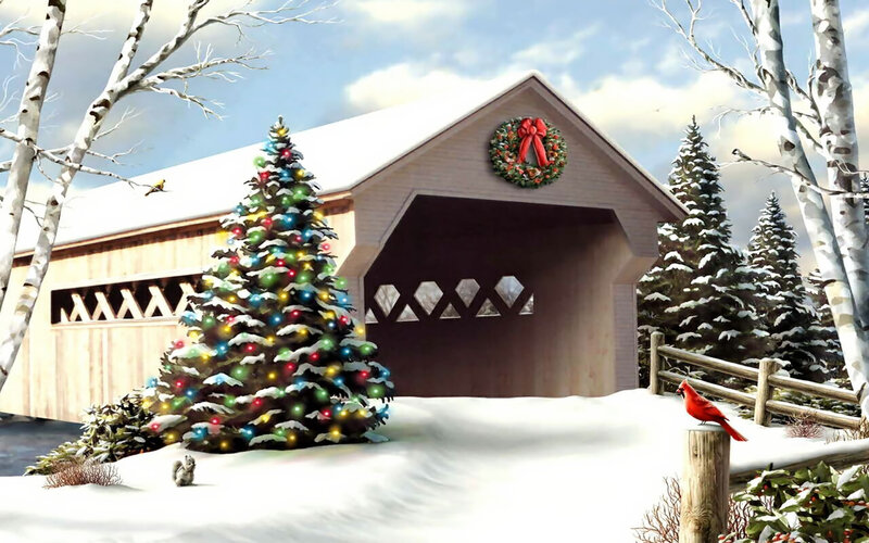 Covered Bridge with Christmas Tree