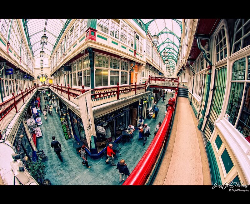Covered market with red railings