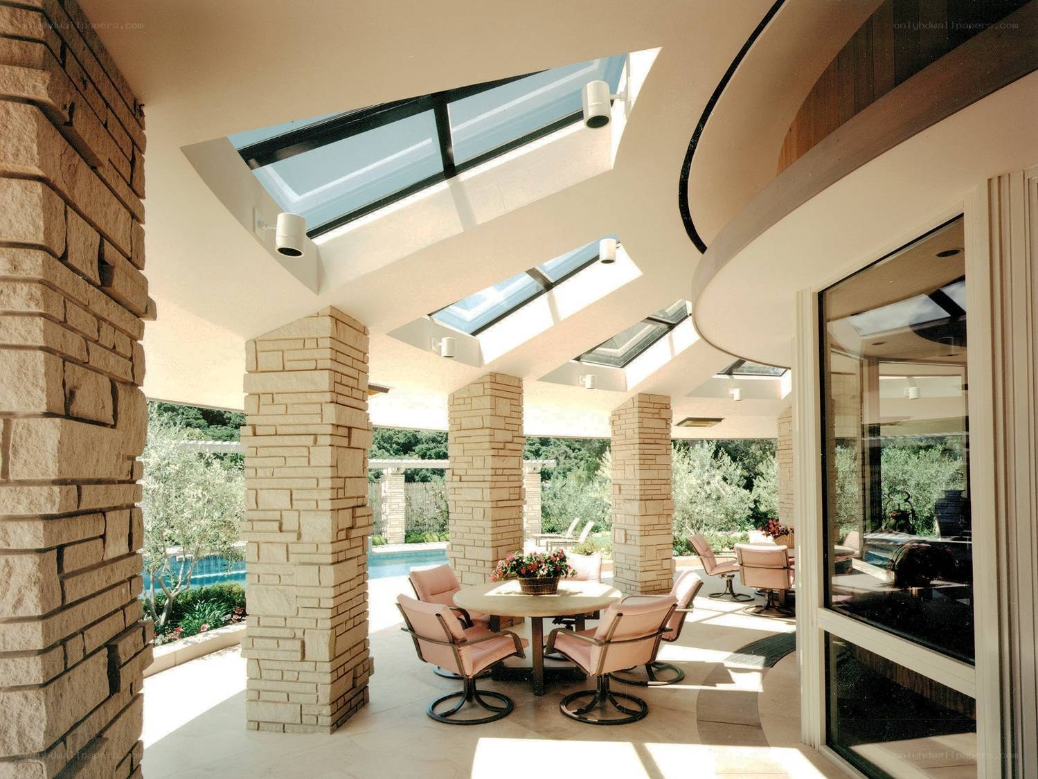 Covered patio with skylights