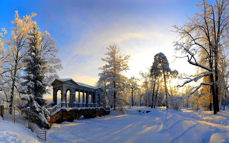 Covered Pavilion in Snow — White, Serene