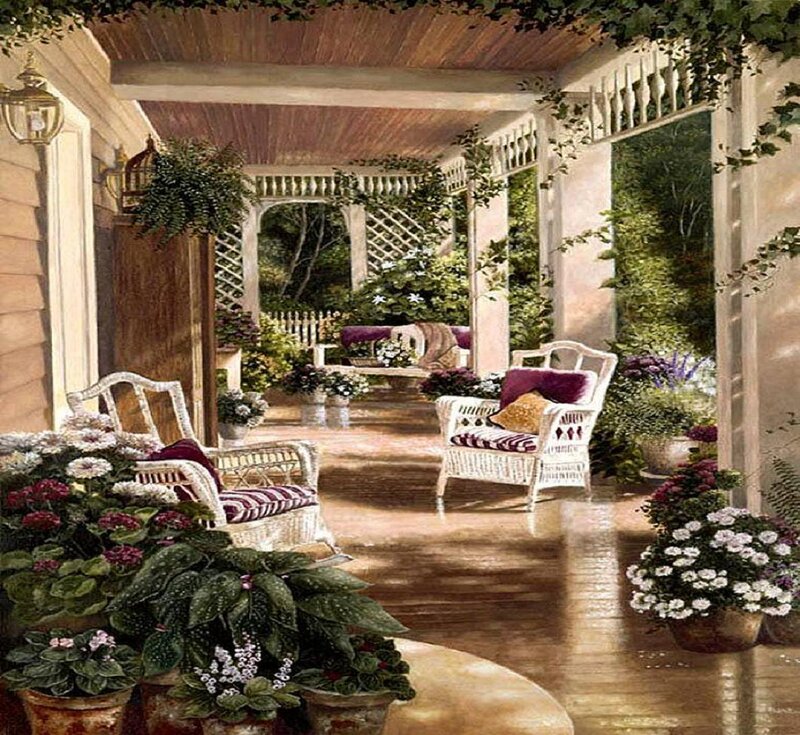 Covered Porch with Wicker Furniture