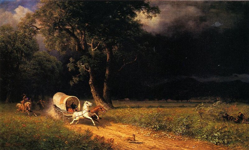 Covered wagon under stormy sky