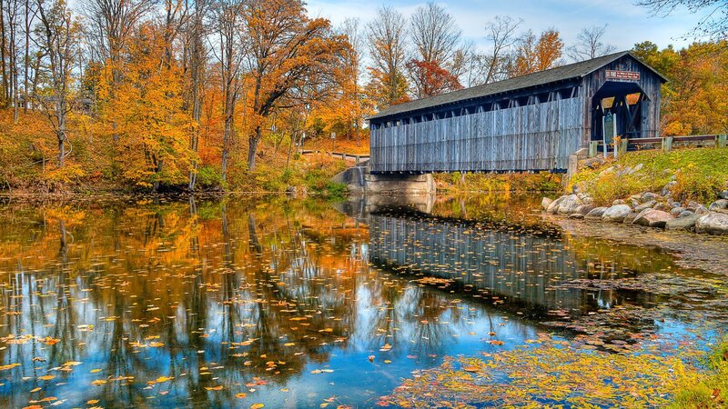 Covered Wooden Bridge — Blue, Serene, Autumn
