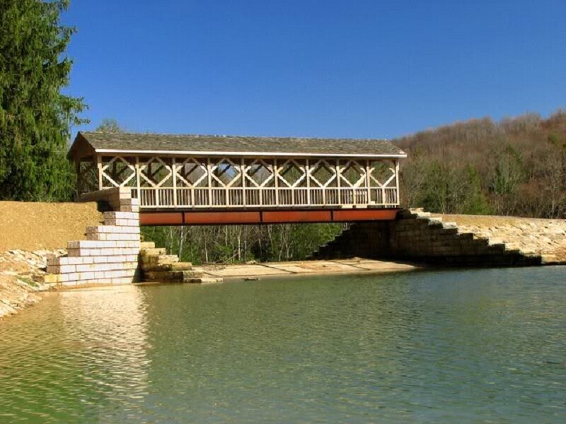 Covered Wooden Bridge — Blue, Serene