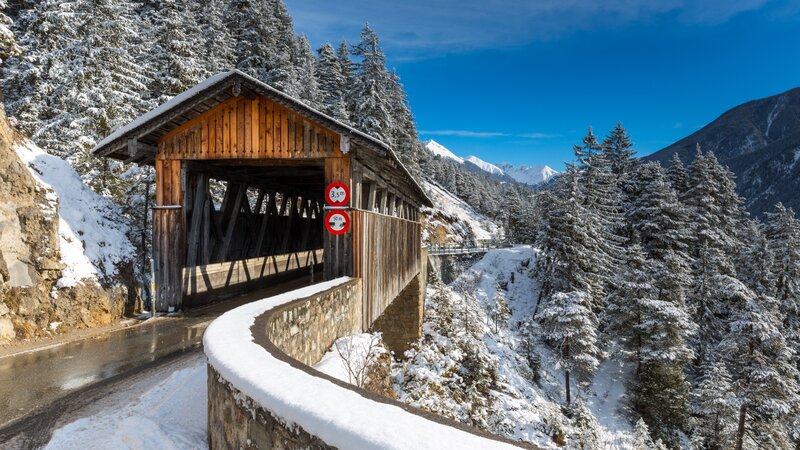 Covered Wooden Bridge — Blue, Serene, Winter