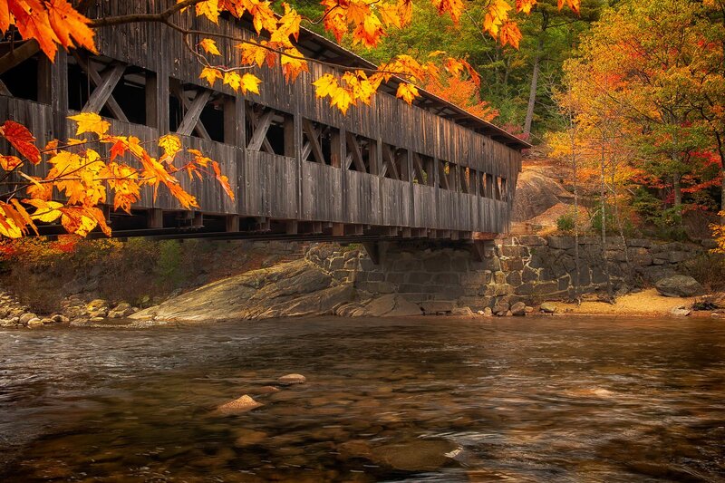 Covered Wooden Bridge — Brown, Serene, Autumn, Photograph, River