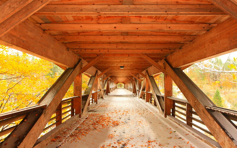 Covered Wooden Bridge — Brown, Serene, Autumn, Photograph