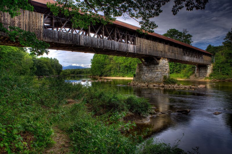 Covered Wooden Bridge — Green, Dramatic, Afternoon, Photograph, River