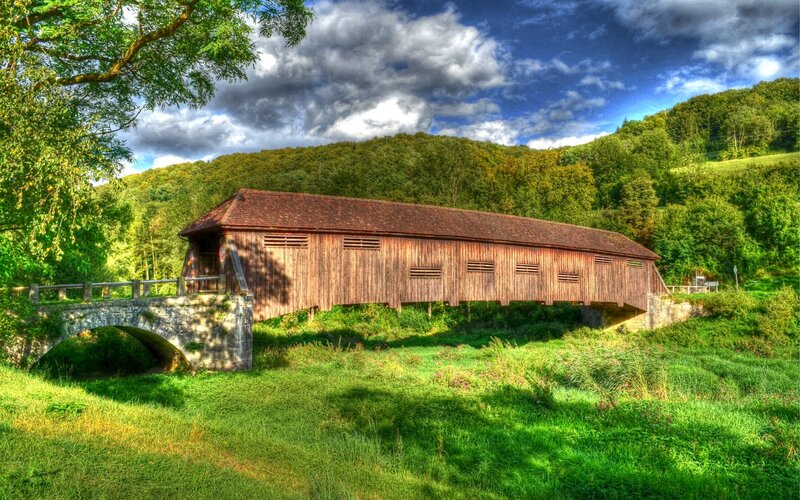 Covered Wooden Bridge — Green, Dramatic, Afternoon, Photograph