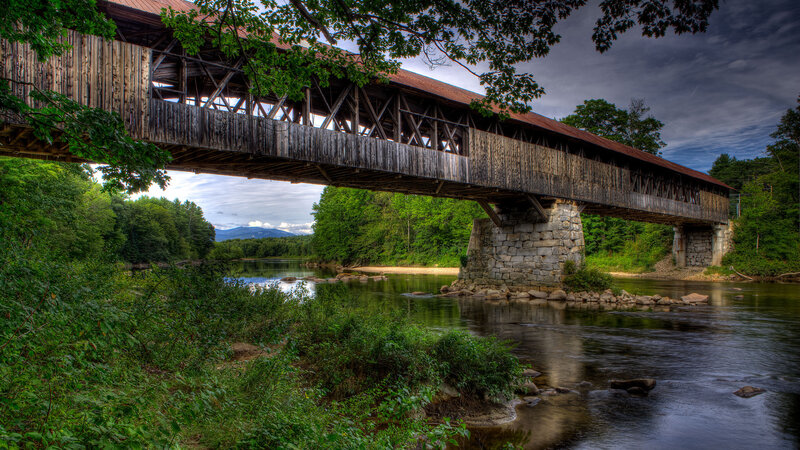 Covered Wooden Bridge — Green, Dramatic, Afternoon