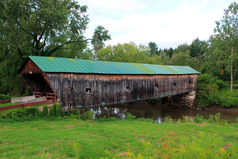 Covered Wooden Bridge — Green, Serene, Afternoon, Photograph, River, Trees, Grass