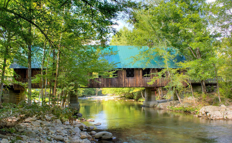 Covered Wooden Bridge — Green, Serene, Afternoon, Photograph, River, Trees, Rocks