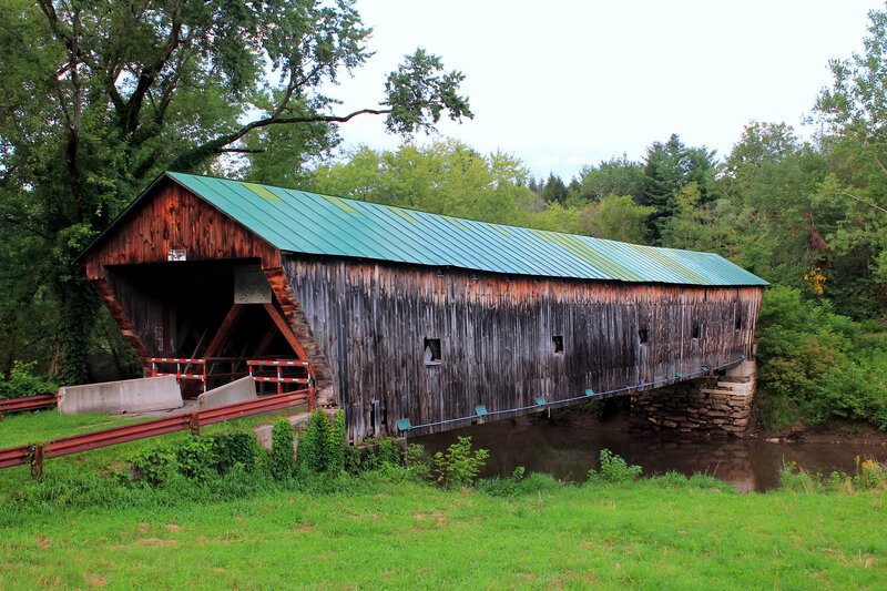 Covered Wooden Bridge — Green, Serene, Afternoon, Photograph, River, Trees