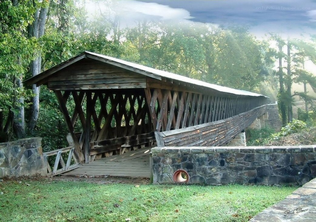 Covered wooden bridge in forest