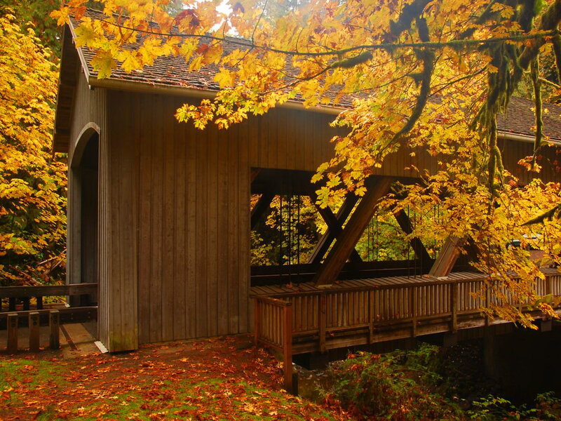 Covered Wooden Bridge — Yellow, Serene