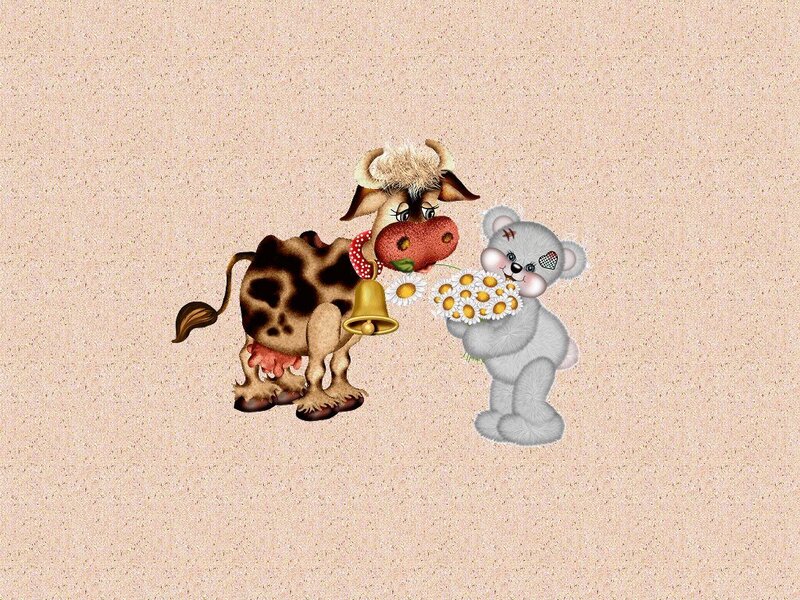 Cow and bear with flowers