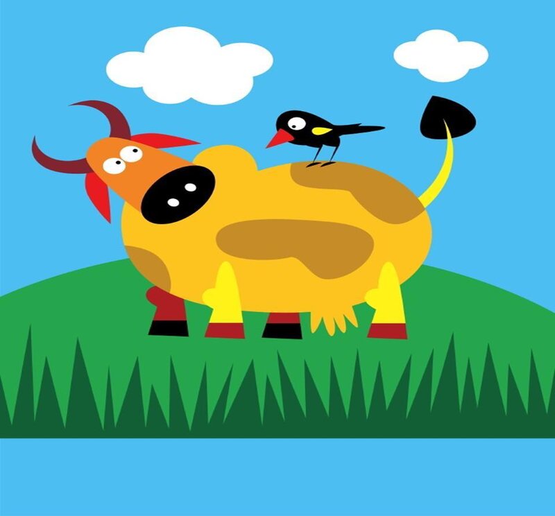 cow and bird on a hill