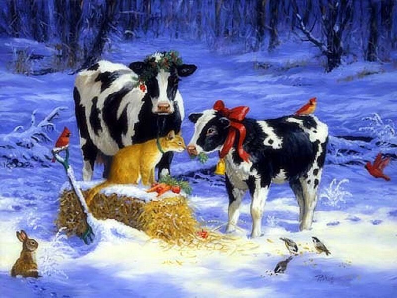 Cow and Calf in Snow — Blue