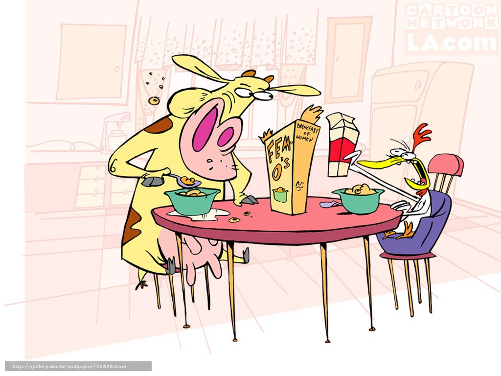Cow and Chicken eating cereal