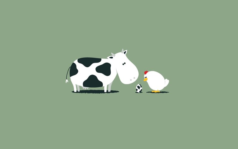 Cow and Chicken — Green, Calm, Illustration