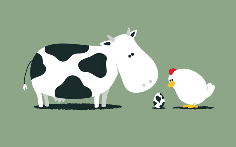 Cow and Chicken — Green, Calm, Vector Art, Egg