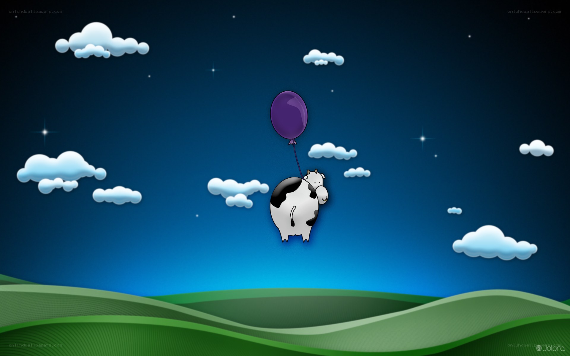 cow flying with balloon