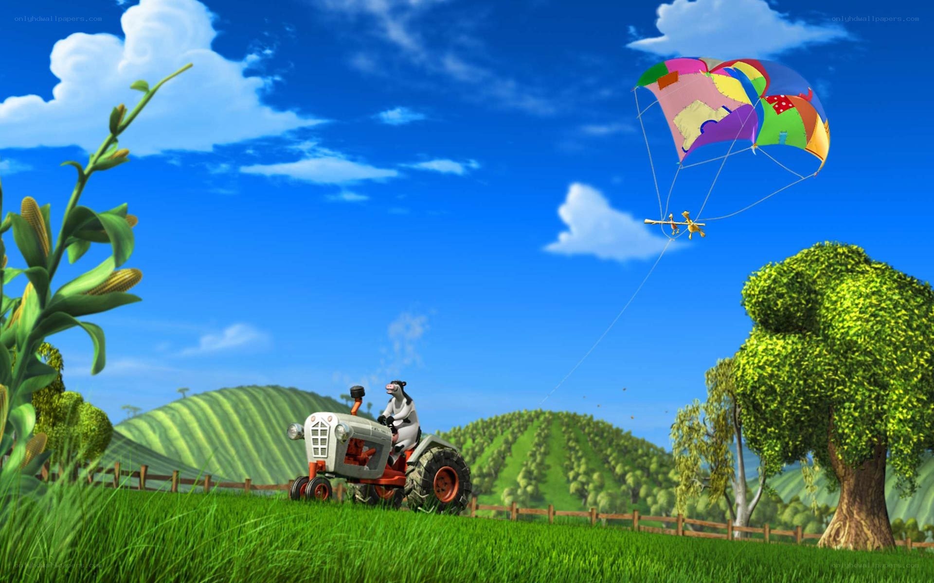 Cow on tractor with parachute