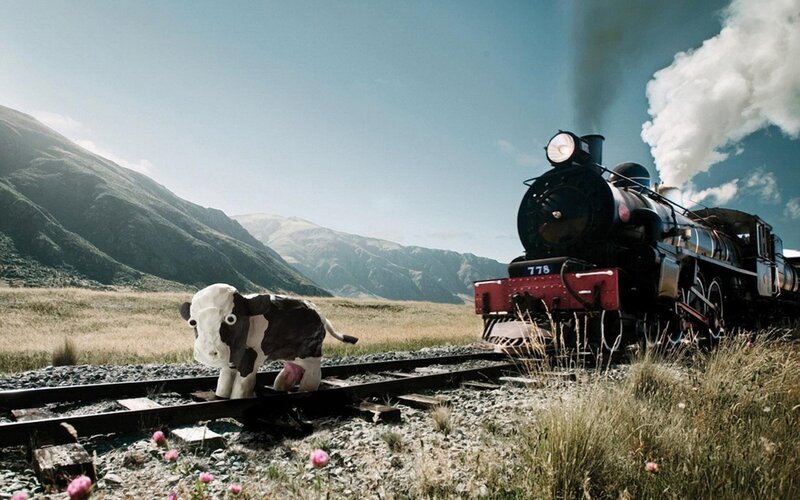 Cow on Train Tracks — Green, Serene