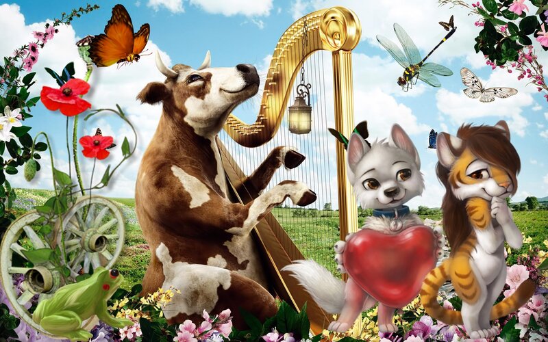 Cow Playing Harp — Green, Whimsical