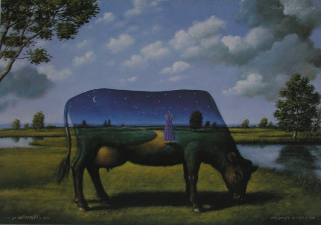 Cow with starry night sky