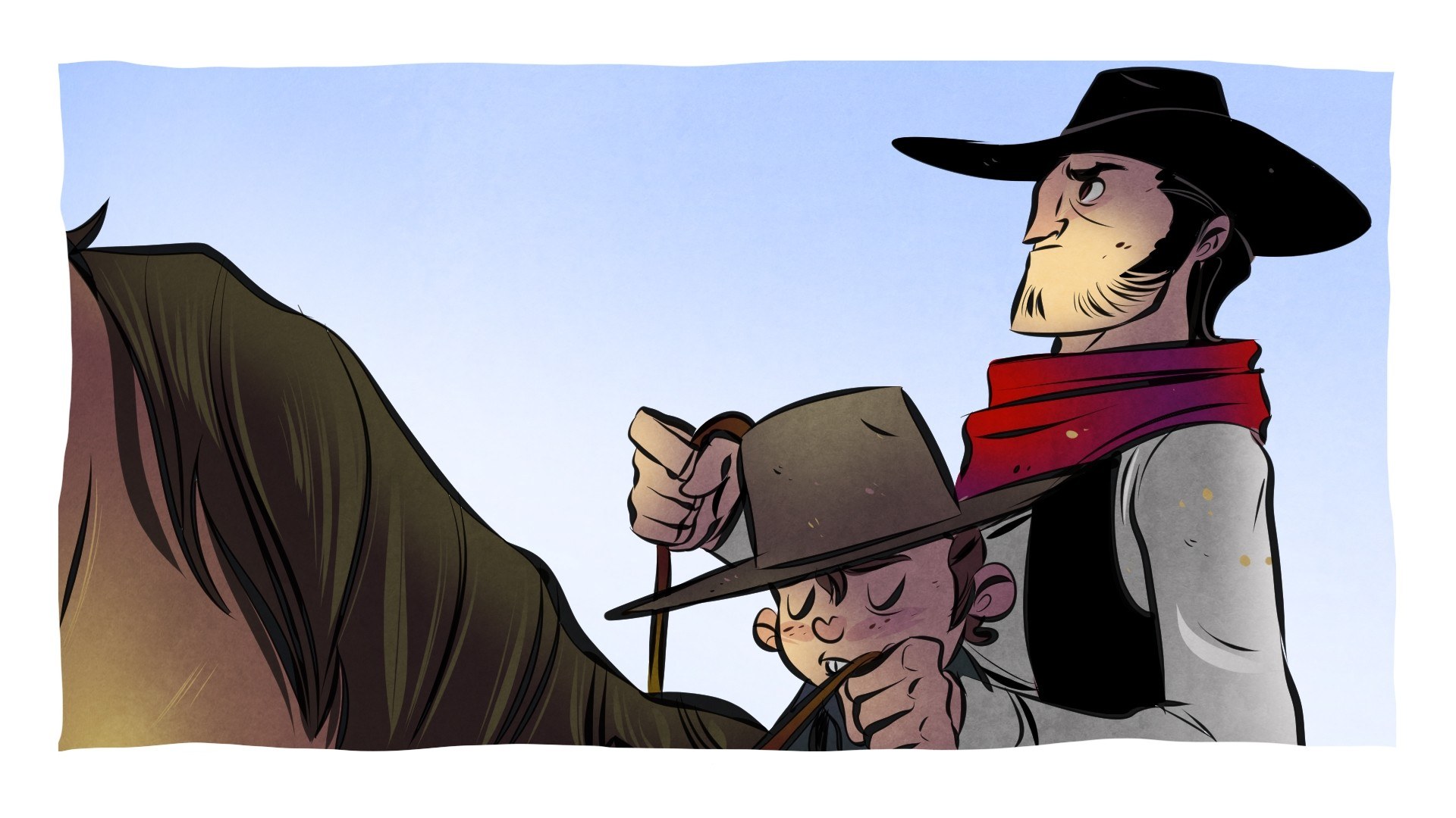 Cowboy and boy on horseback